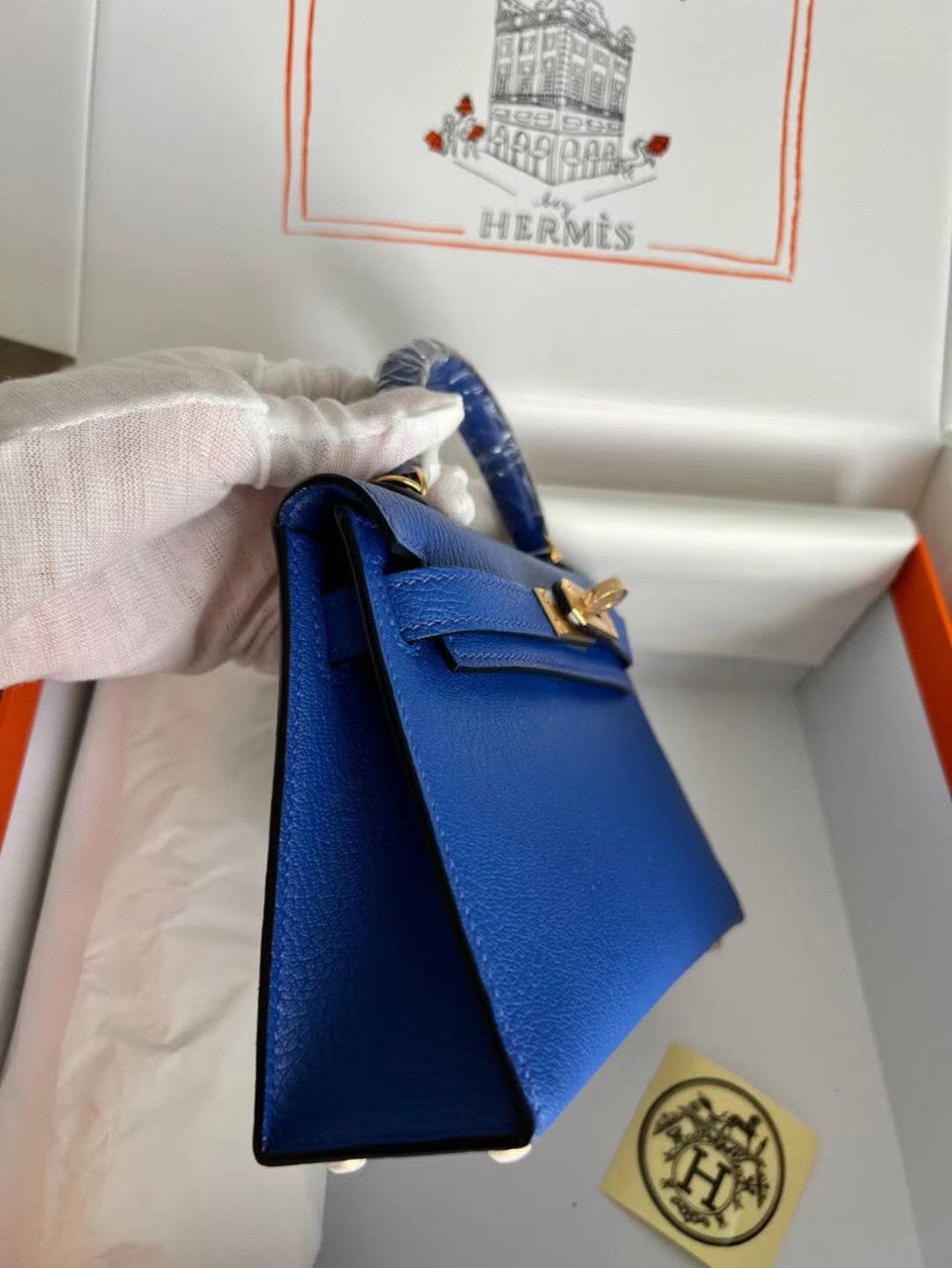 Hermès Blue Electric  Mini Kelly II Chevre  Mysore Leather Gold  hardware