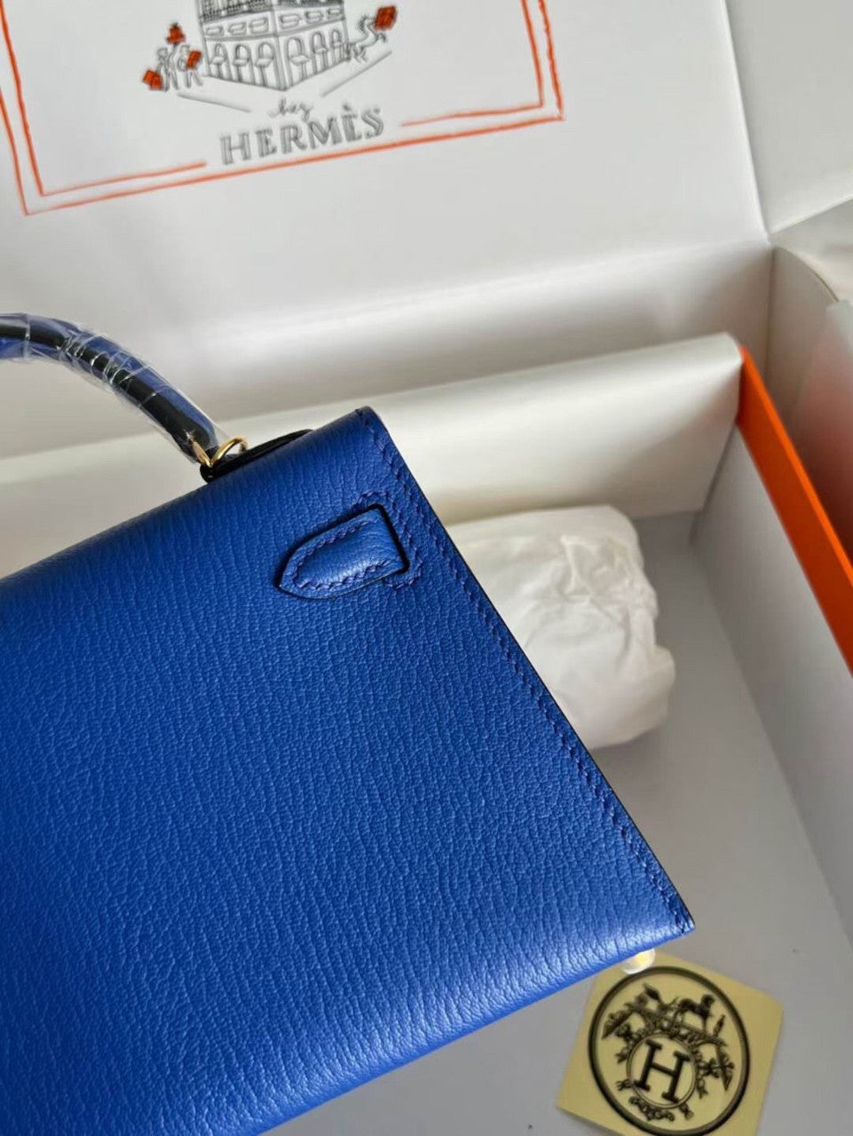 Hermès Blue Electric  Mini Kelly II Chevre  Mysore Leather Gold  hardware