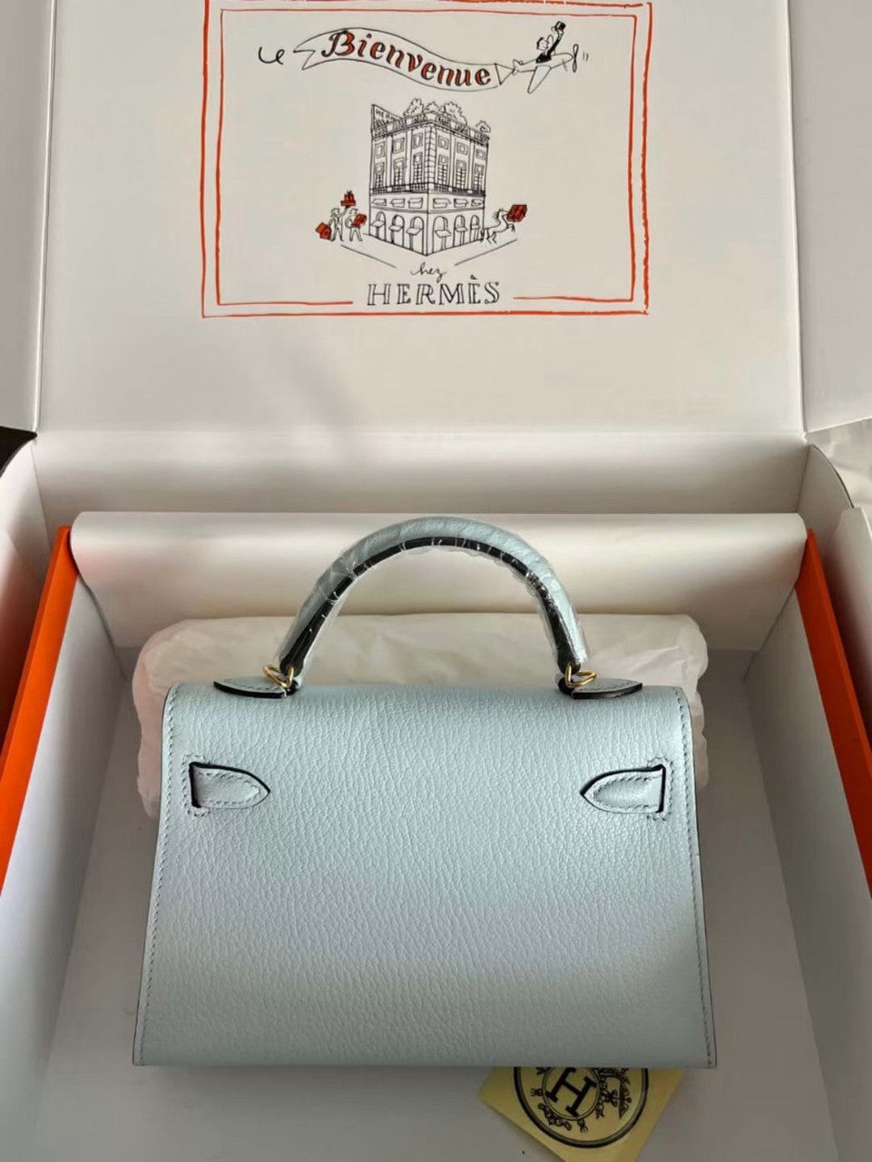 Hermès Bleu Pale Mini Kelly II Chevre  Mysore Leather Gold  hardware