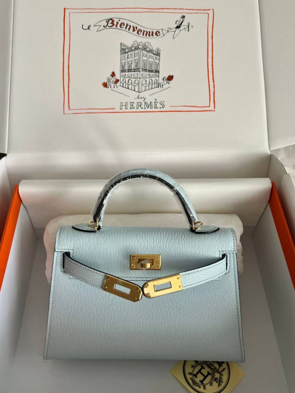 Hermès Bleu Pale Mini Kelly II Chevre  Mysore Leather Gold  hardware