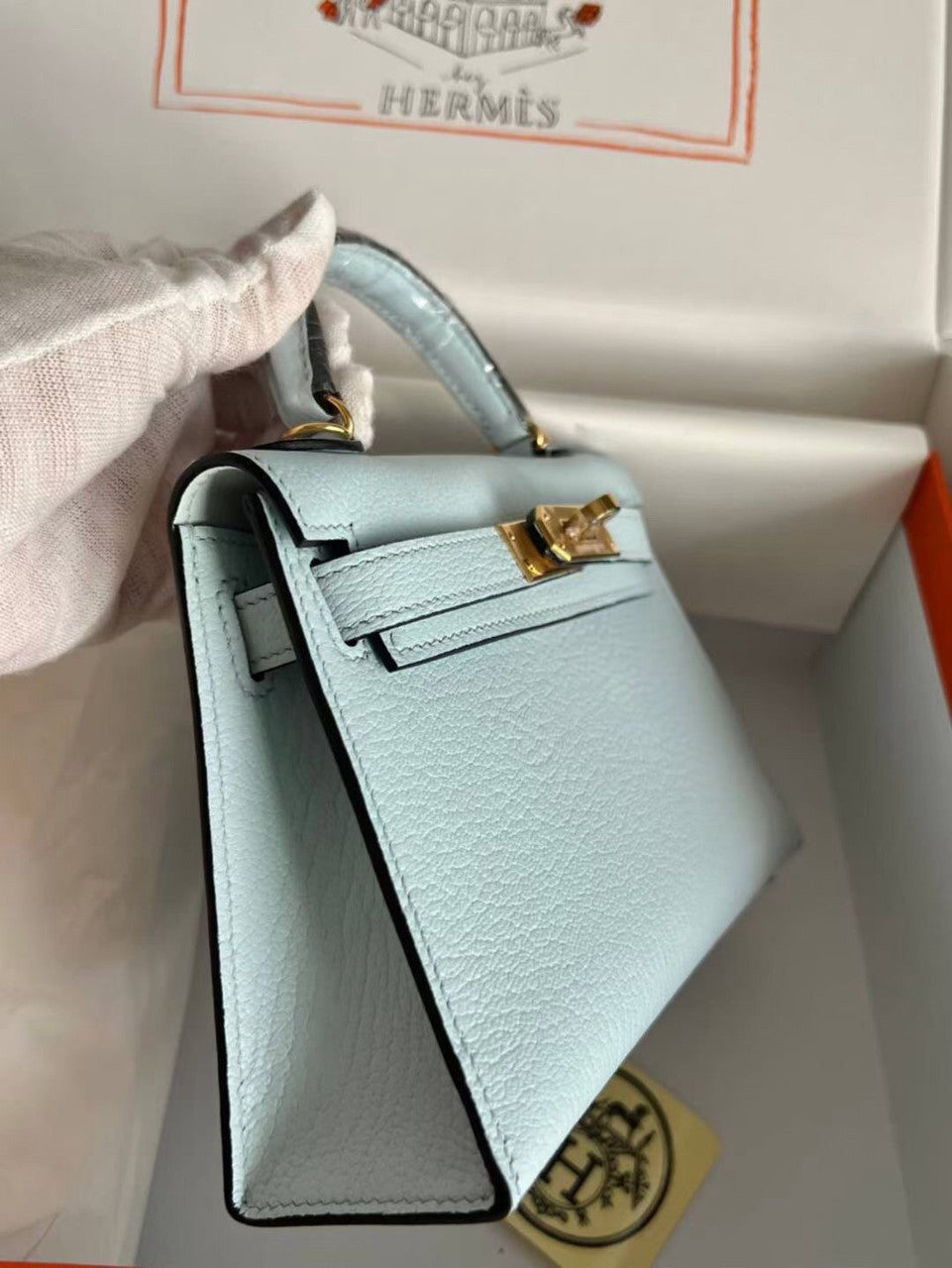 Hermès Bleu Pale Mini Kelly II Chevre  Mysore Leather Gold  hardware