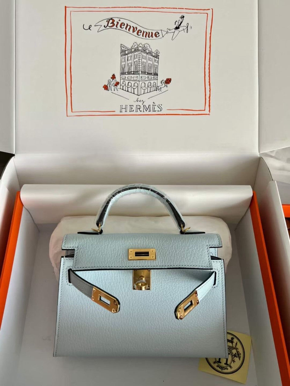 Hermès Bleu Pale Mini Kelly II Chevre  Mysore Leather Gold  hardware