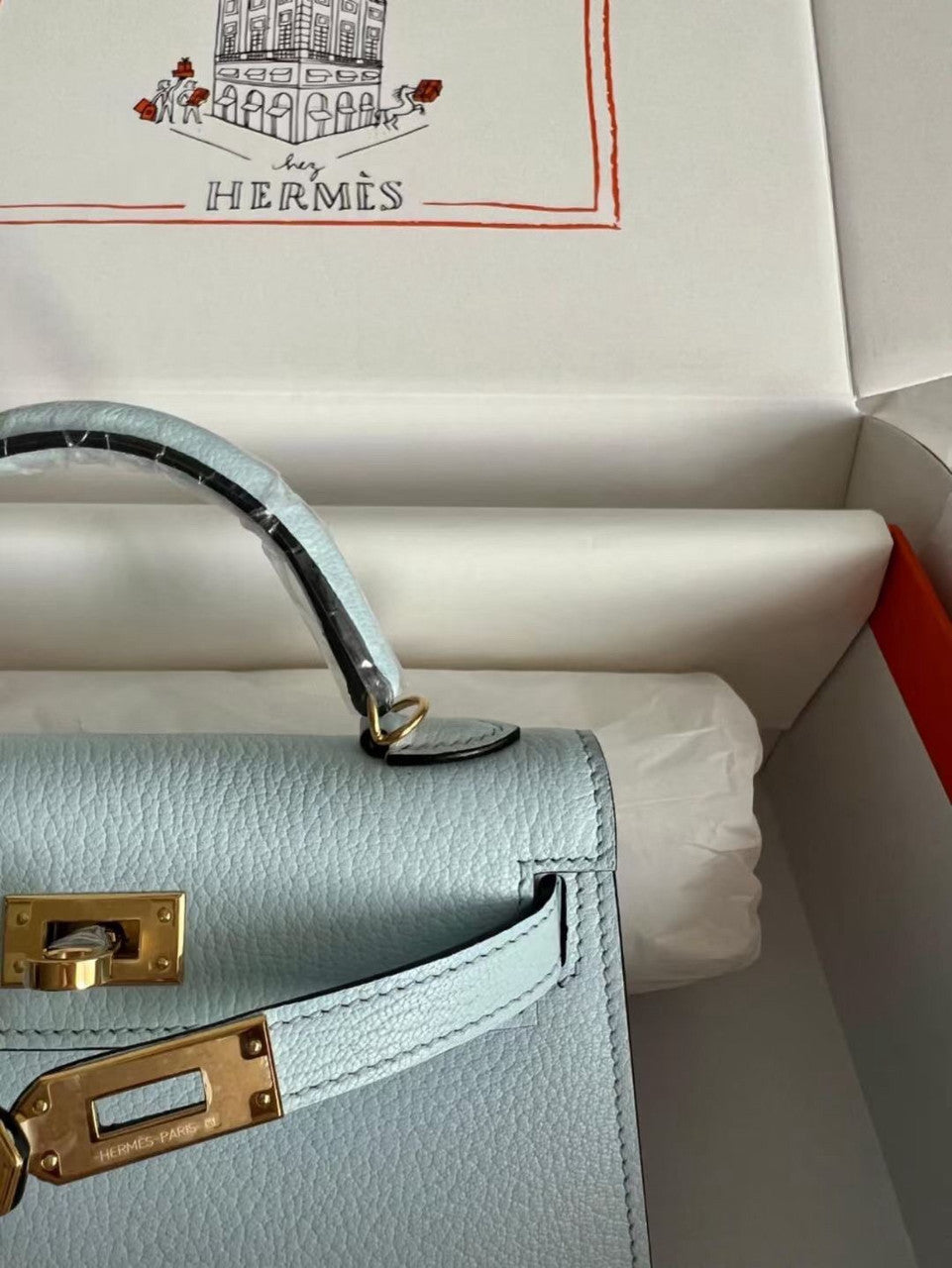 Hermès Bleu Pale Mini Kelly II Chevre  Mysore Leather Gold  hardware