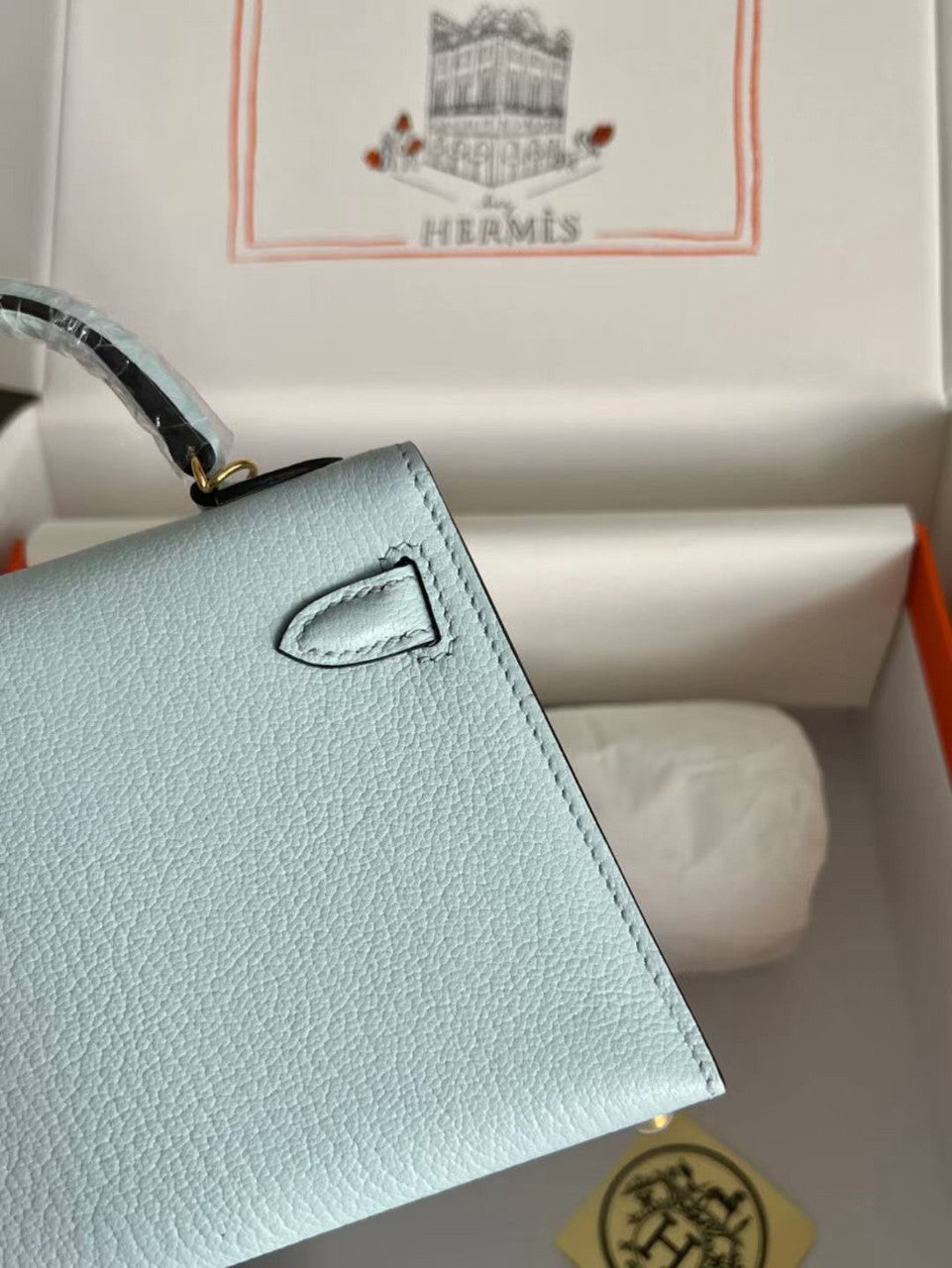 Hermès Bleu Pale Mini Kelly II Chevre  Mysore Leather Gold  hardware