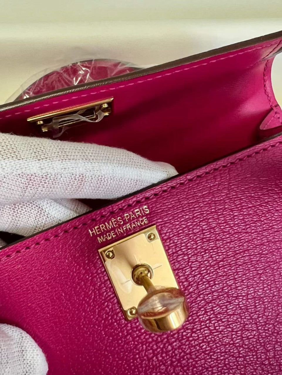 Hermès Rose Pourer Mini Kelly II Chevre  Mysore Leather Gold  hardware