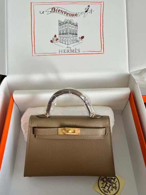 Hermès Etoupe Mini Kelly II Chevre  Mysore Leather Gold  hardware