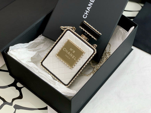 White Quilted Leather and Perspex Perfume Bottle Minaudiere Gold Hardware