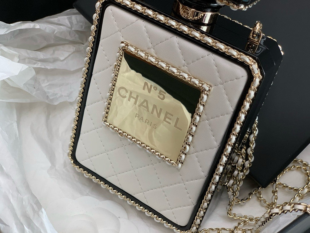White Quilted Leather and Perspex Perfume Bottle Minaudiere Gold Hardware