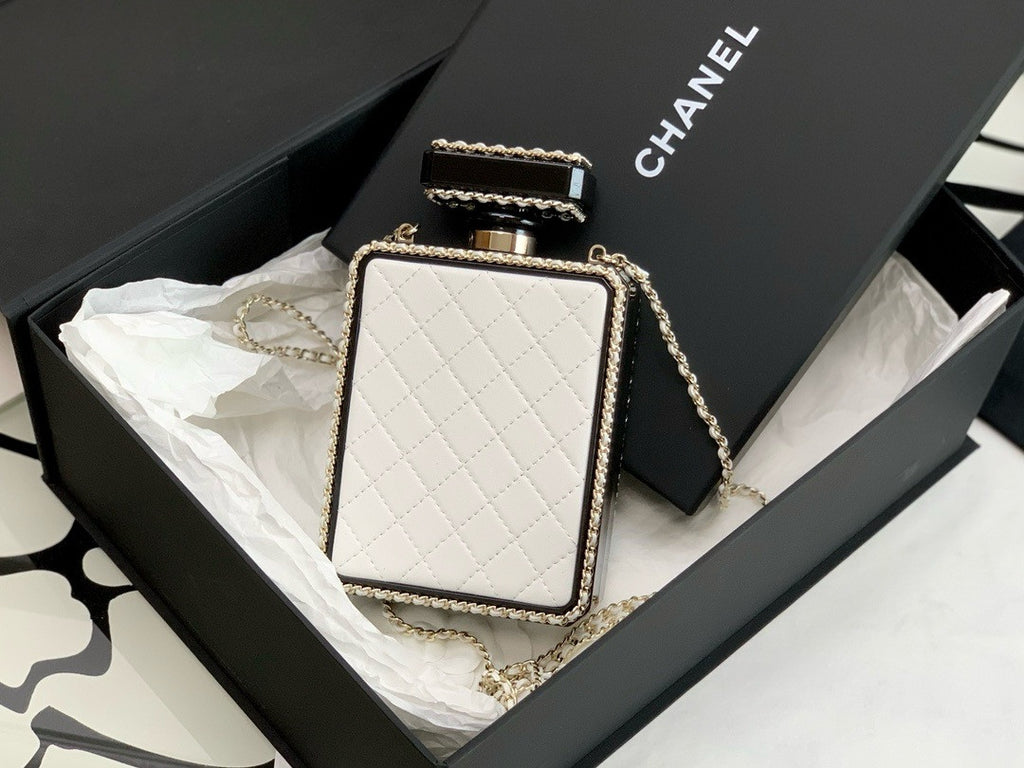 White Quilted Leather and Perspex Perfume Bottle Minaudiere Gold Hardware