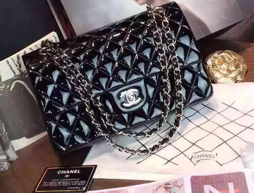 CHANEL Black Quilted Patent Leather Silver HW Flap Bag Silver HW