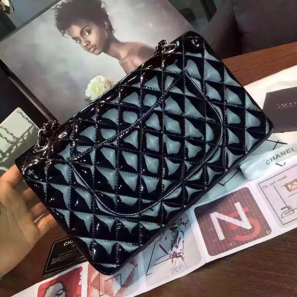 CHANEL Black Quilted Patent Leather Silver HW Flap Bag Silver HW