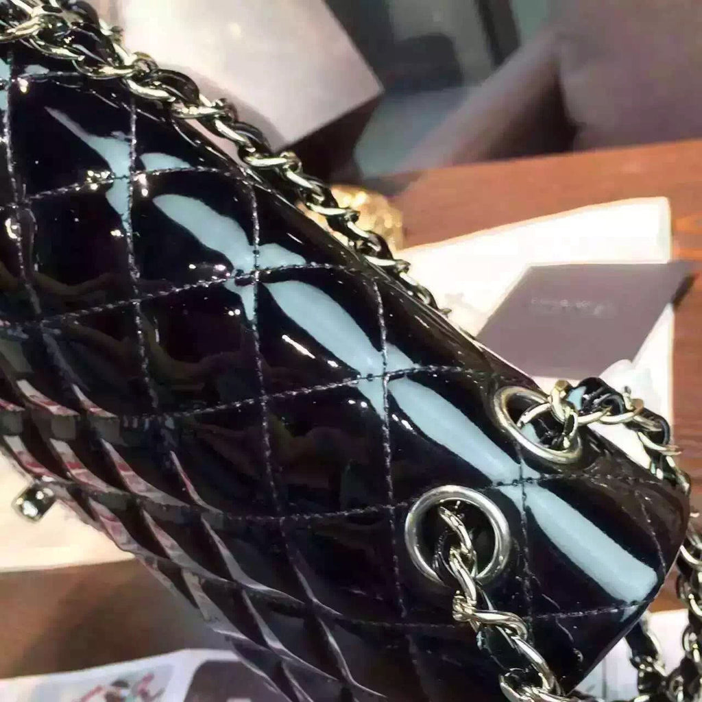 CHANEL Black Quilted Patent Leather Silver HW Flap Bag Silver HW