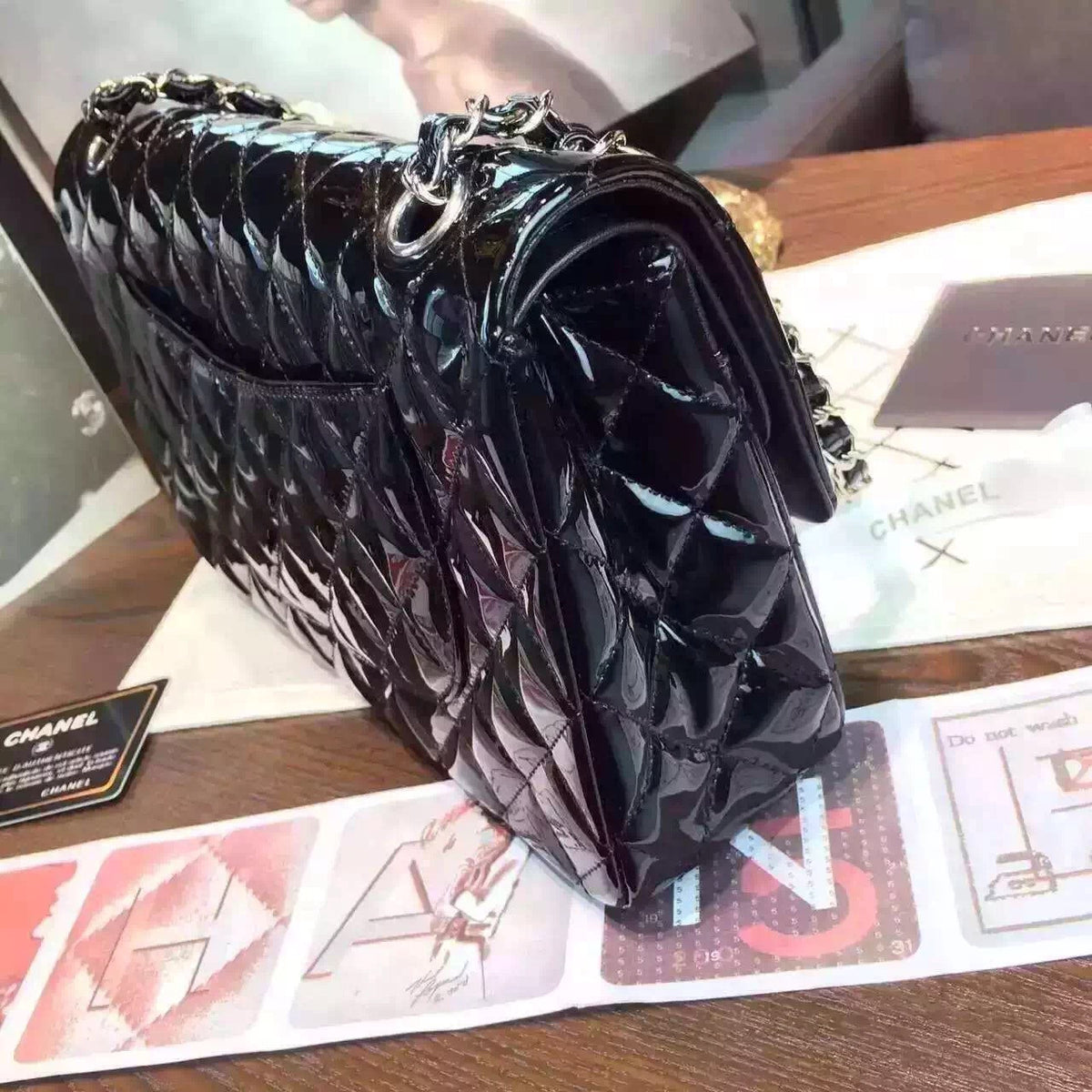 CHANEL Black Quilted Patent Leather Silver HW Flap Bag Silver HW