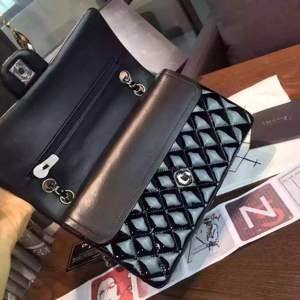 CHANEL Black Quilted Patent Leather Silver HW Flap Bag Silver HW