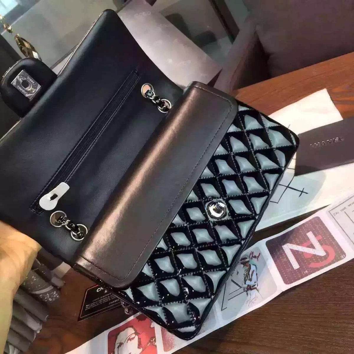 CHANEL Black Quilted Patent Leather Silver HW Flap Bag Silver HW