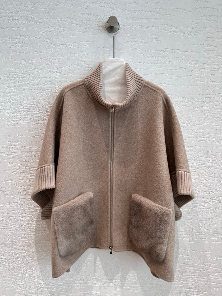 Loro Piana Mink Fur Cape Coat in Oatmeal Taupe Melange