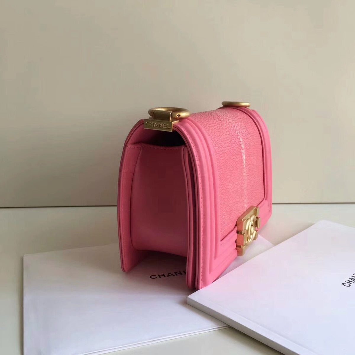 CHANEL Pink Galuchat and Lambskin Small Boy Flap