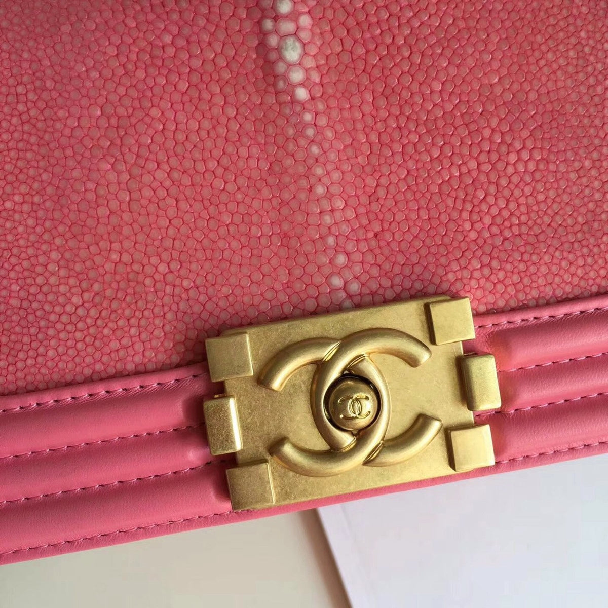 CHANEL Pink Galuchat and Lambskin Small Boy Flap