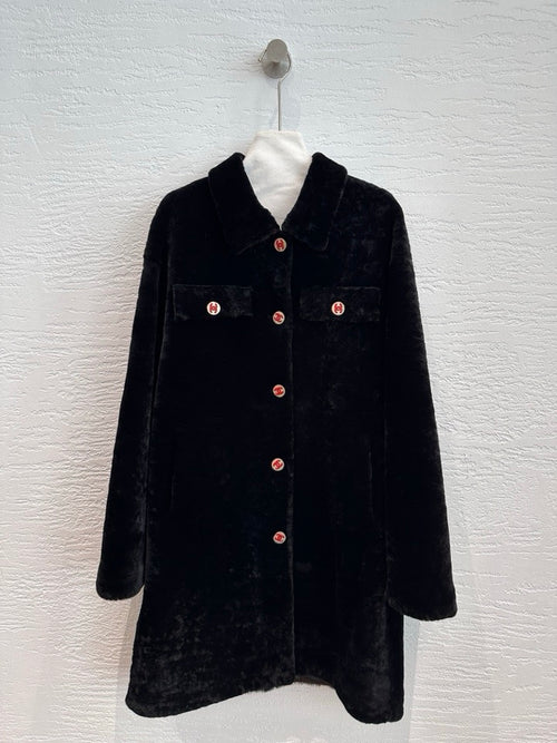 Chanel Shearling Fur Coat in Black, front view