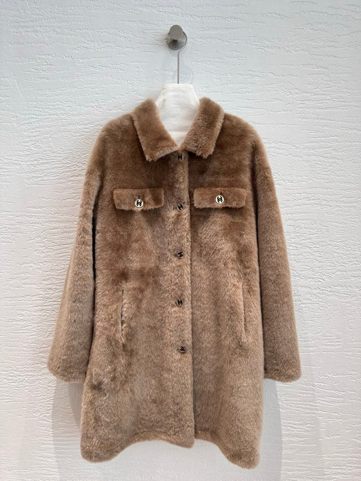 Chanel Shearling Fur Coat in Camel, front view