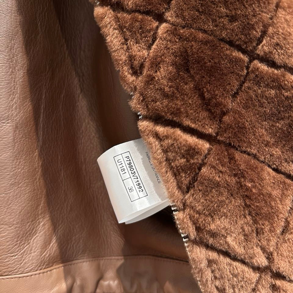 Chanel shearling bomber jacket in chocolate brown — interior label