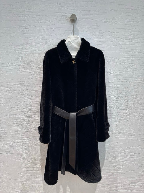 Chanel shearling diamond quilt coat in black, front view
