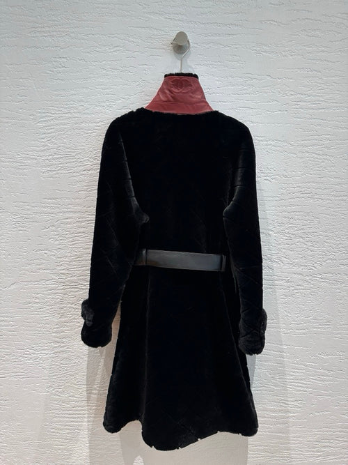 Chanel shearling diamond quilt coat in black, back view