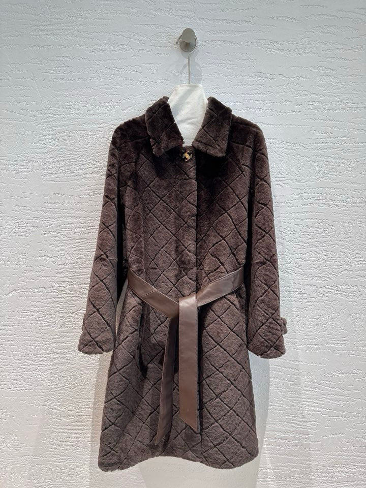 Chanel shearling diamond quilt coat in warm brown, front view