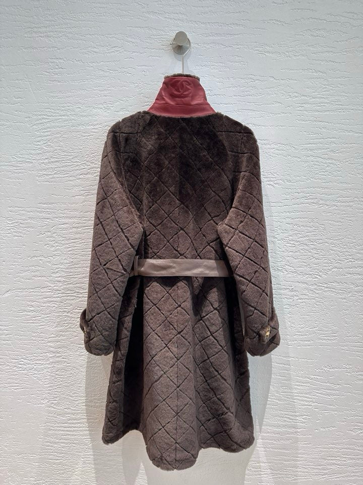 Chanel shearling diamond quilt coat in dark espresso brown, back view
