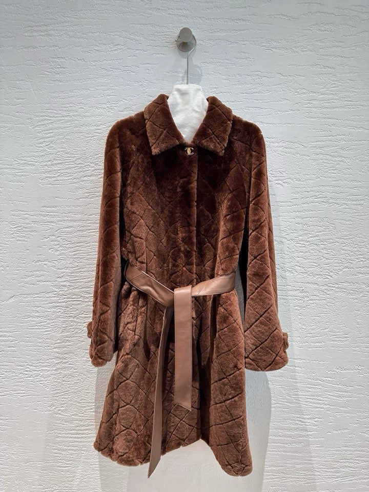 Chanel shearling diamond quilt coat in chestnut, front view
