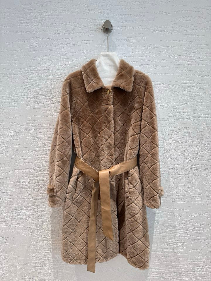 Chanel shearling diamond quilt coat in camel, front view