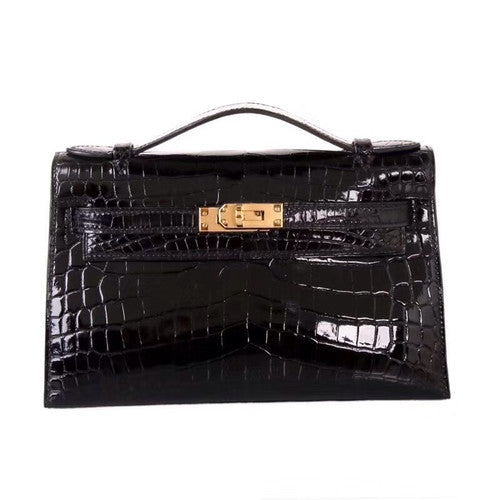 Hermes Black Mini Kelly Pochette Crocodile Niloticus with Gold Hardware
