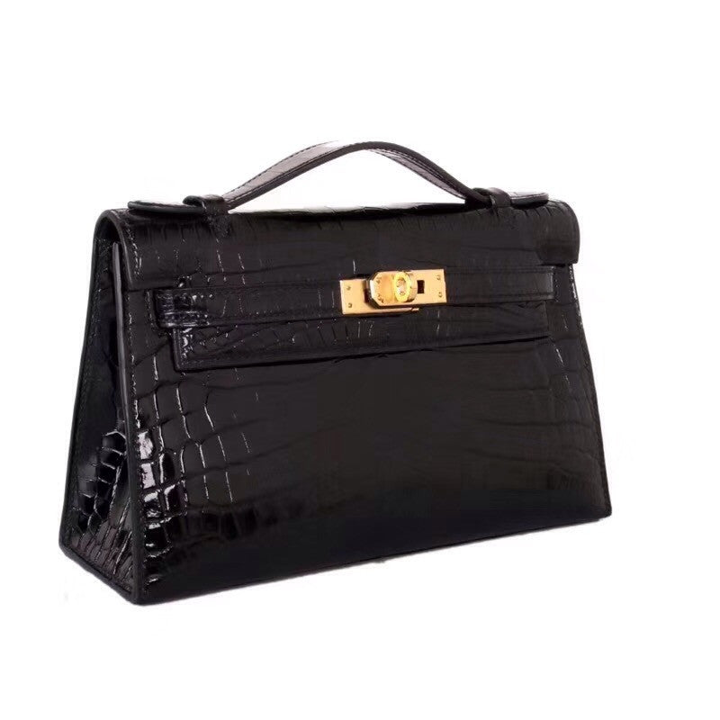 Hermes Black Mini Kelly Pochette Crocodile Niloticus with Gold Hardware