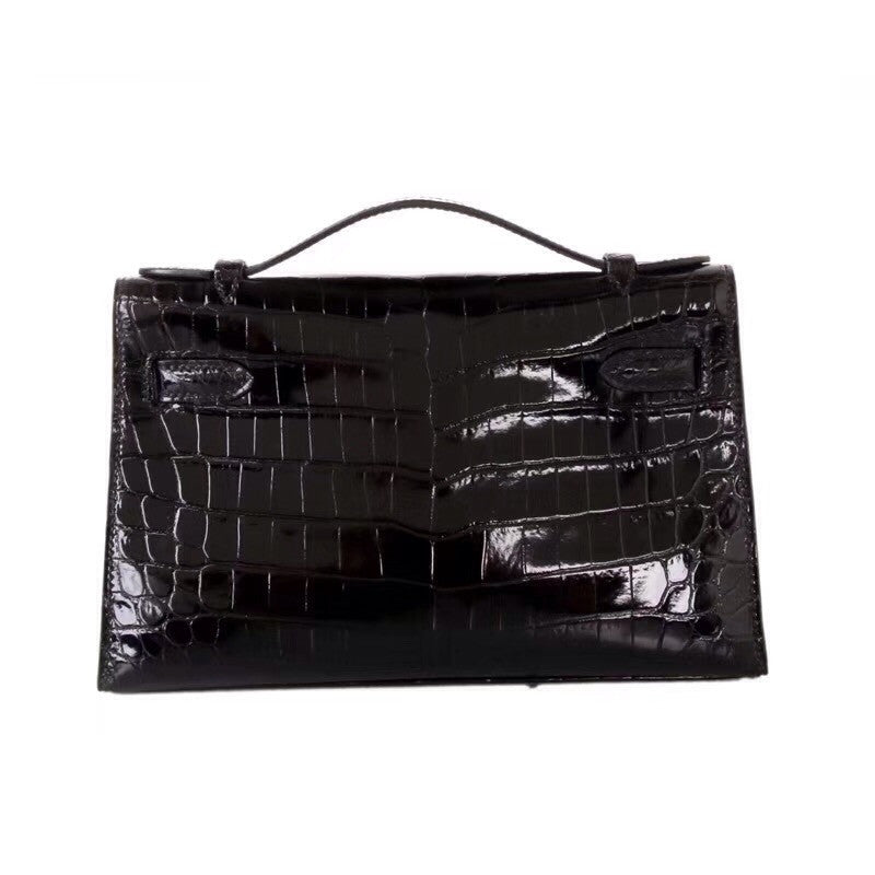 Hermes Black Mini Kelly Pochette Crocodile Niloticus with Gold Hardware