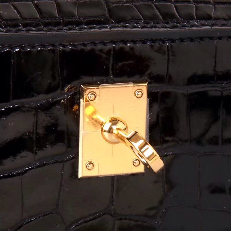 Hermes Black Mini Kelly Pochette Crocodile Niloticus with Gold Hardware