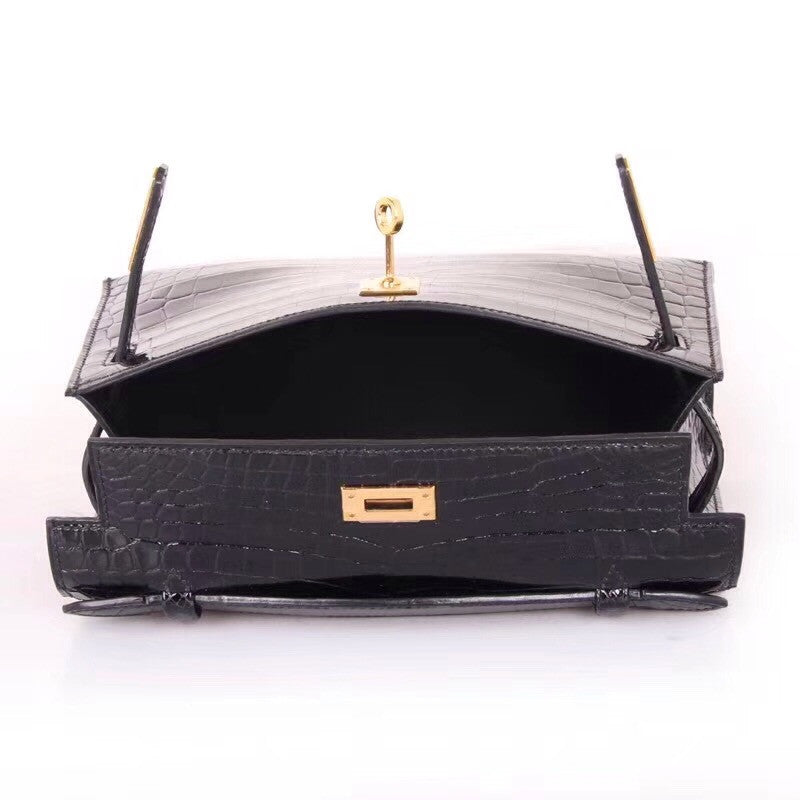 Hermes Black Mini Kelly Pochette Crocodile Niloticus with Gold Hardware