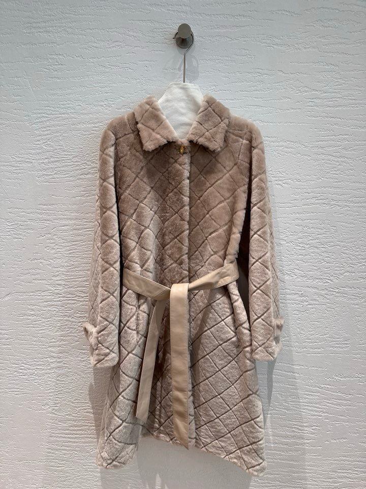 Chanel shearling diamond quilt coat in light beige cream, front view