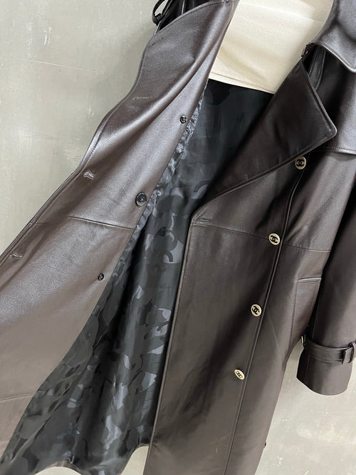 Chanel Double-Breasted Leather Trench Coat interior and lapel detail