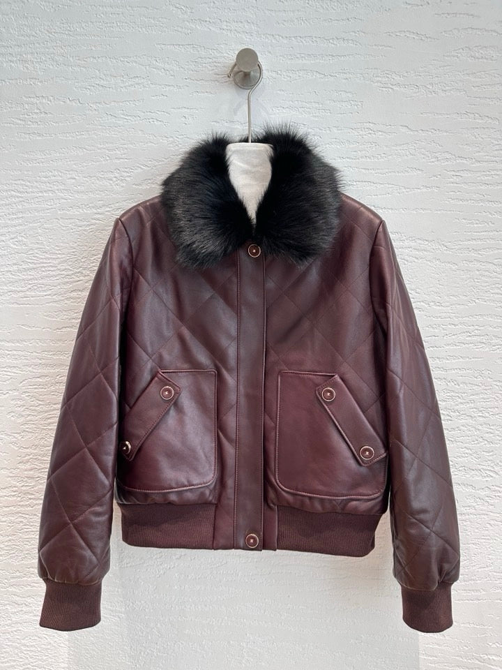 Chanel quilted leather bomber jacket in burgundy deep plum, front view