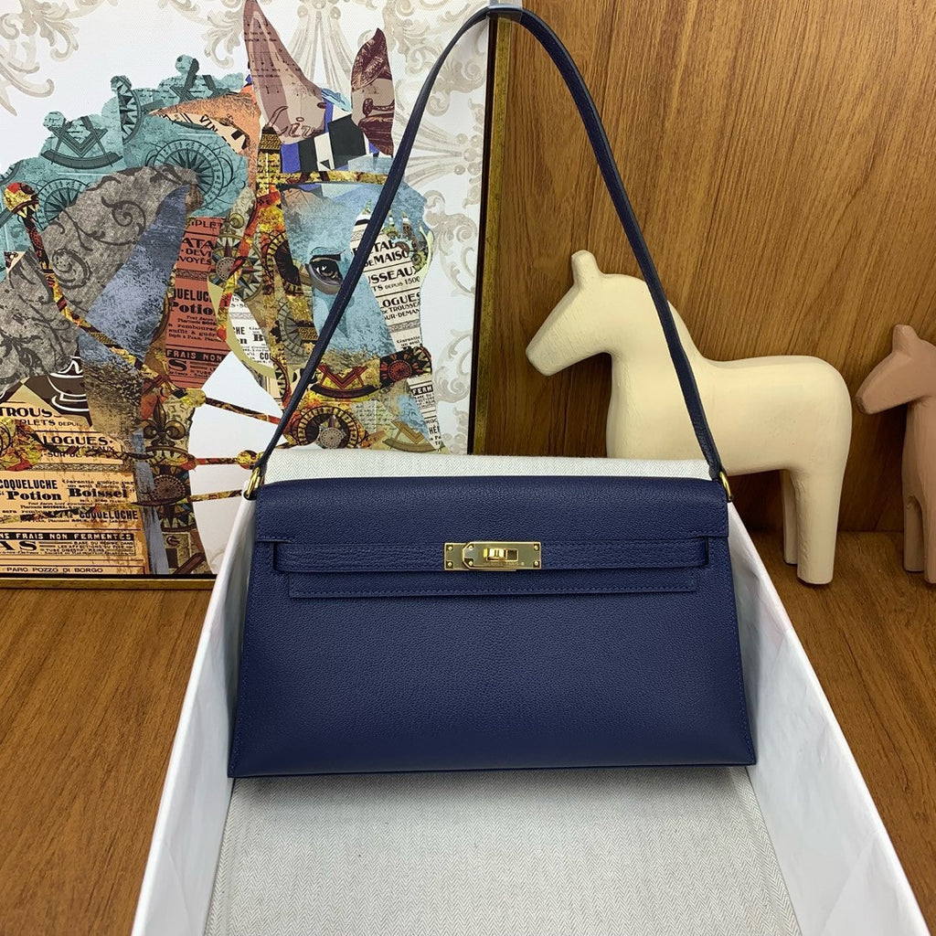 Hermes Kelly Elan bag Sellier Blue Obysee Chevre goatsk in Gold hardware