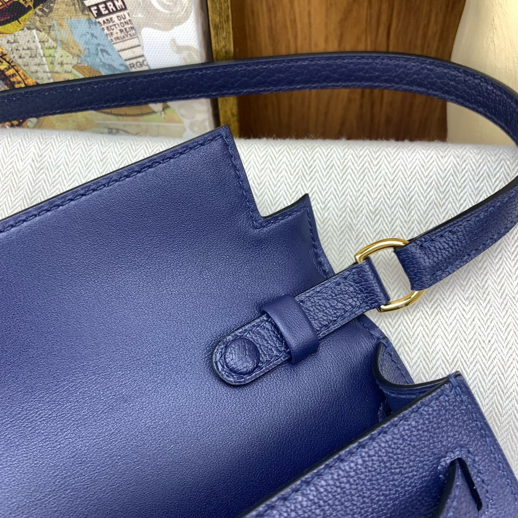 Hermes Kelly Elan bag Sellier Blue Obysee Chevre goatsk in Gold hardware