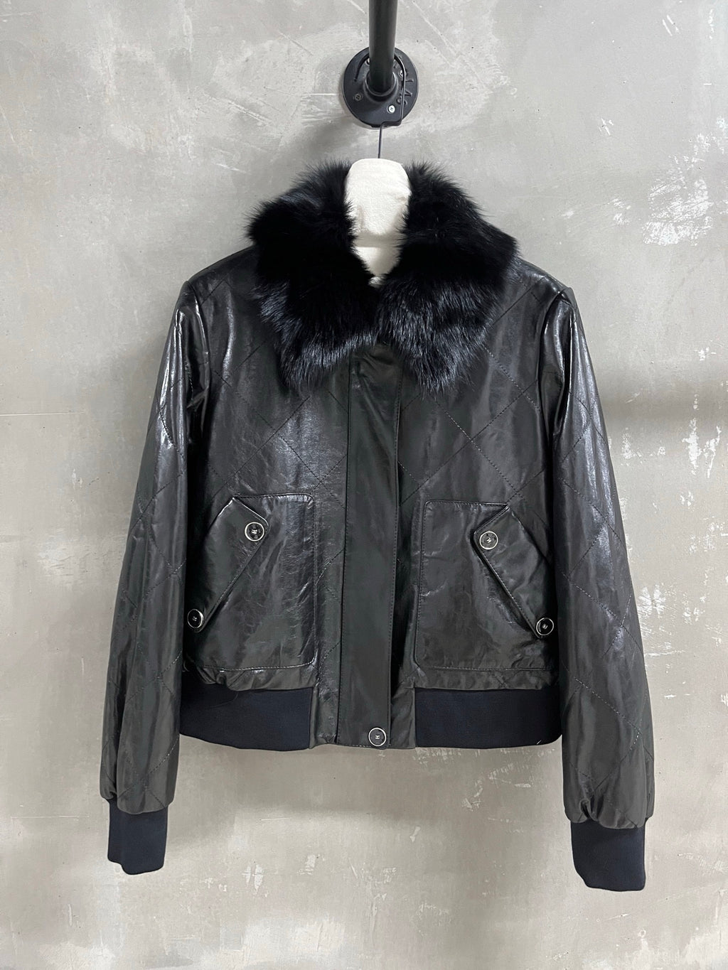 Chanel Diamond-Quilted Leather Bomber Jacket in Black
