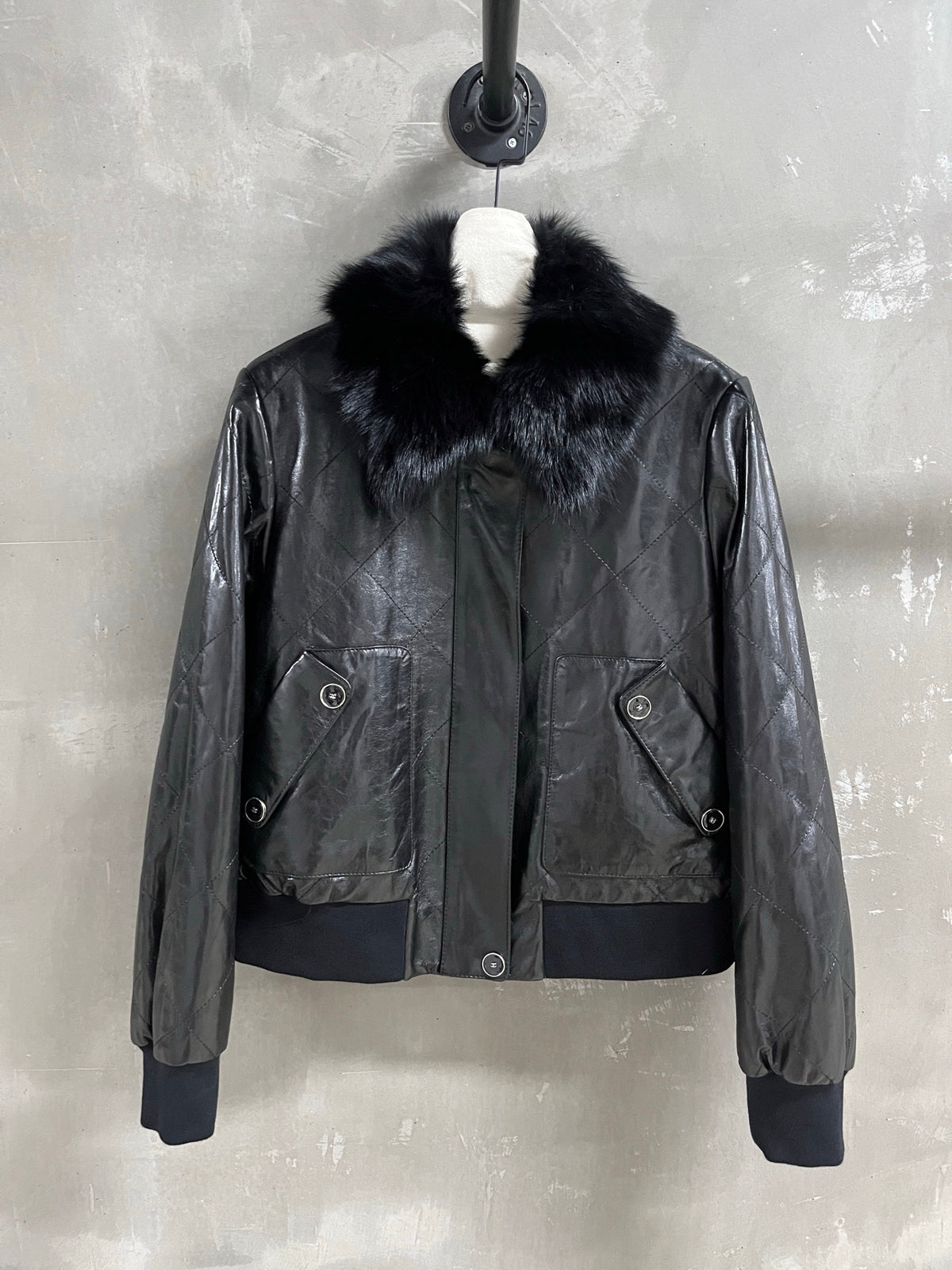 Chanel Diamond-Quilted Leather Bomber Jacket in Black