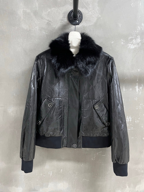 Chanel Diamond-Quilted Leather Bomber Jacket in Black