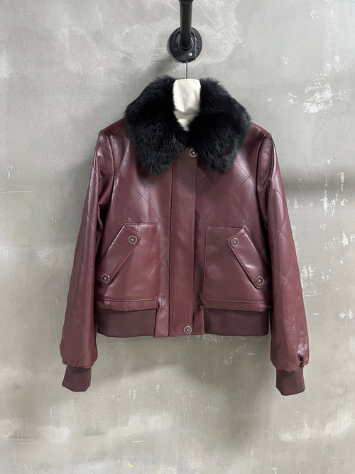 Chanel Diamond-Quilted Leather Bomber Jacket in Deep Burgundy