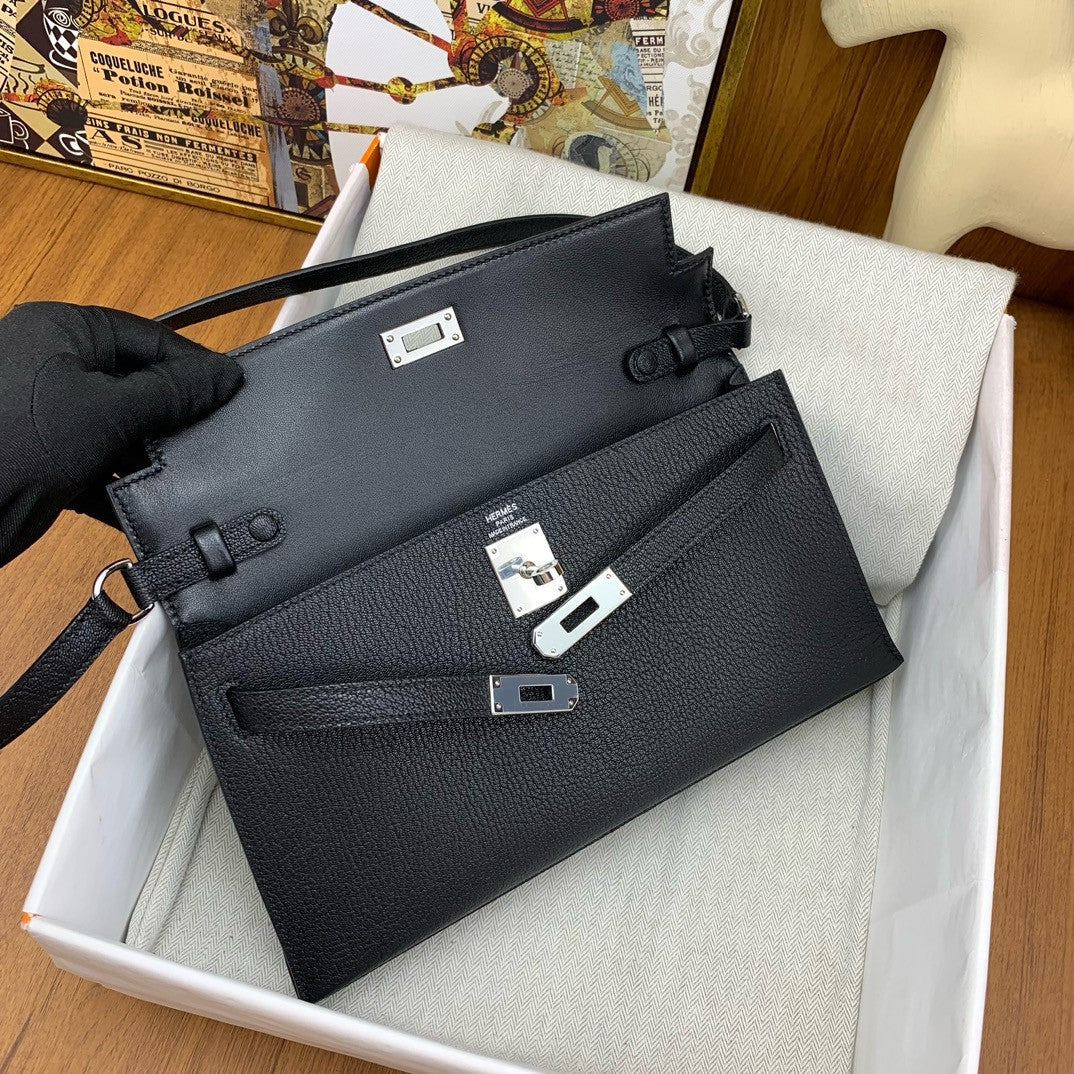 Hermes Kelly Elan bag Sellier Black Chevre goatsk in Palladium hardware
