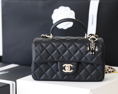 Chanel Top Handle Mini Rectangular Flap Bag with Charm Black Lambskin Gold Hardware