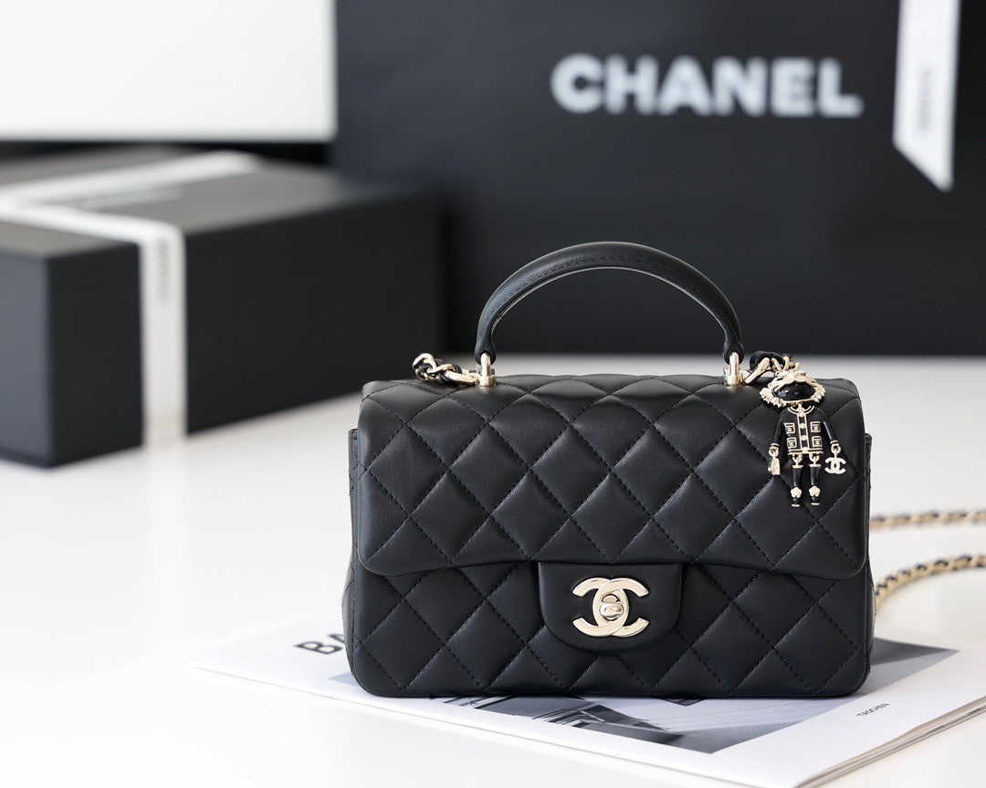 Chanel Top Handle Mini Rectangular Flap Bag with Charm Black Lambskin Gold Hardware