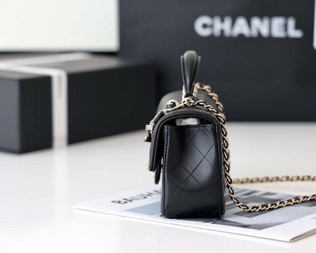 Chanel Top Handle Mini Rectangular Flap Bag with Charm Black Lambskin Gold Hardware