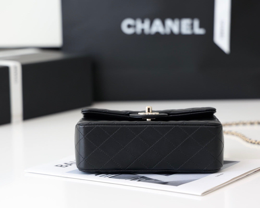 Chanel Top Handle Mini Rectangular Flap Bag with Charm Black Lambskin Gold Hardware